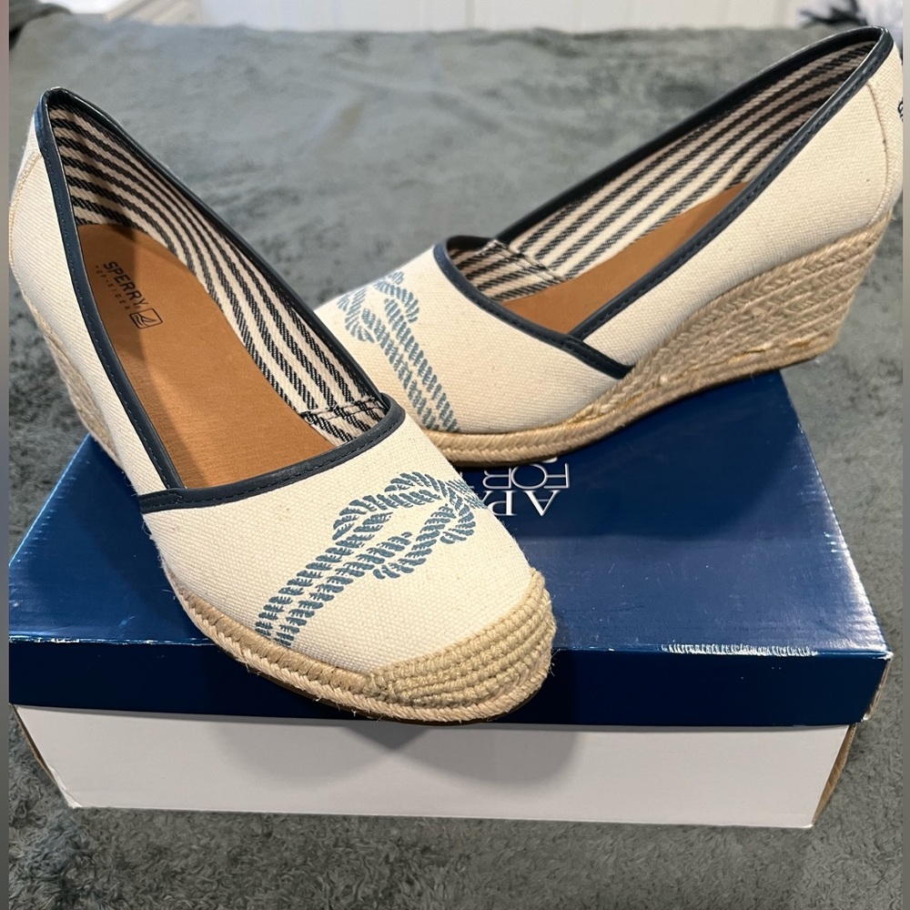 Sperry Cream Canvas Wedge Espadrilles with Navy Rope Detail